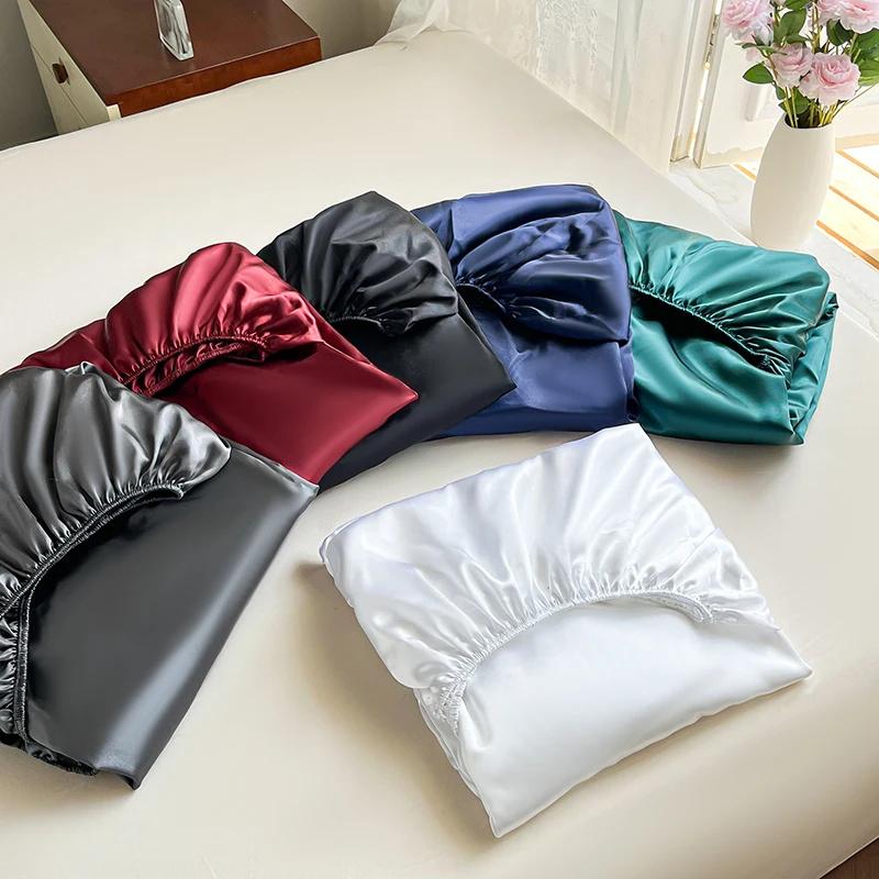 Satin Spannbettlaken 3-teilig Luxus Satin Spannbettlaken + 2 Kissenbezüge Set / 1 Stück Satin Elastisches Spannbettlaken Eis Seide Matratzenbezug