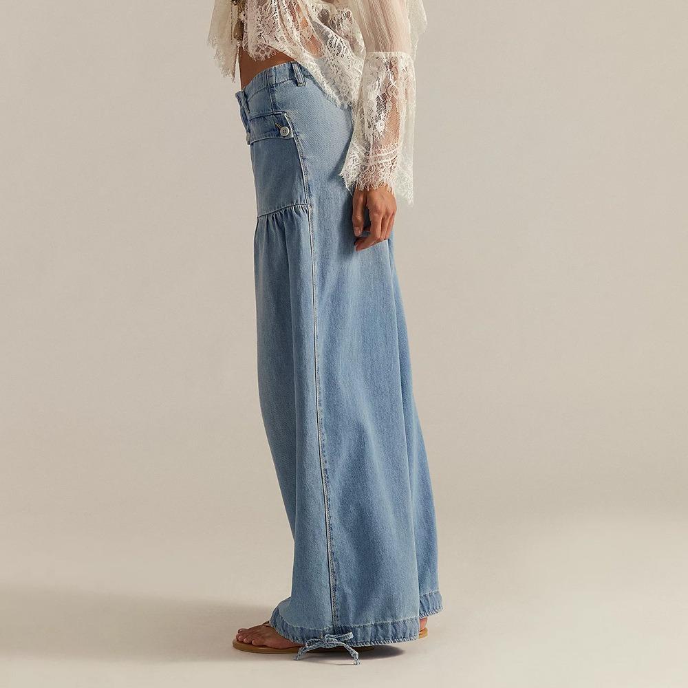 Women's High Waist Baggy Jeans Loose Wide Leg Denim Pants With Drawstring Hem Pockets Casual Boho Trousers