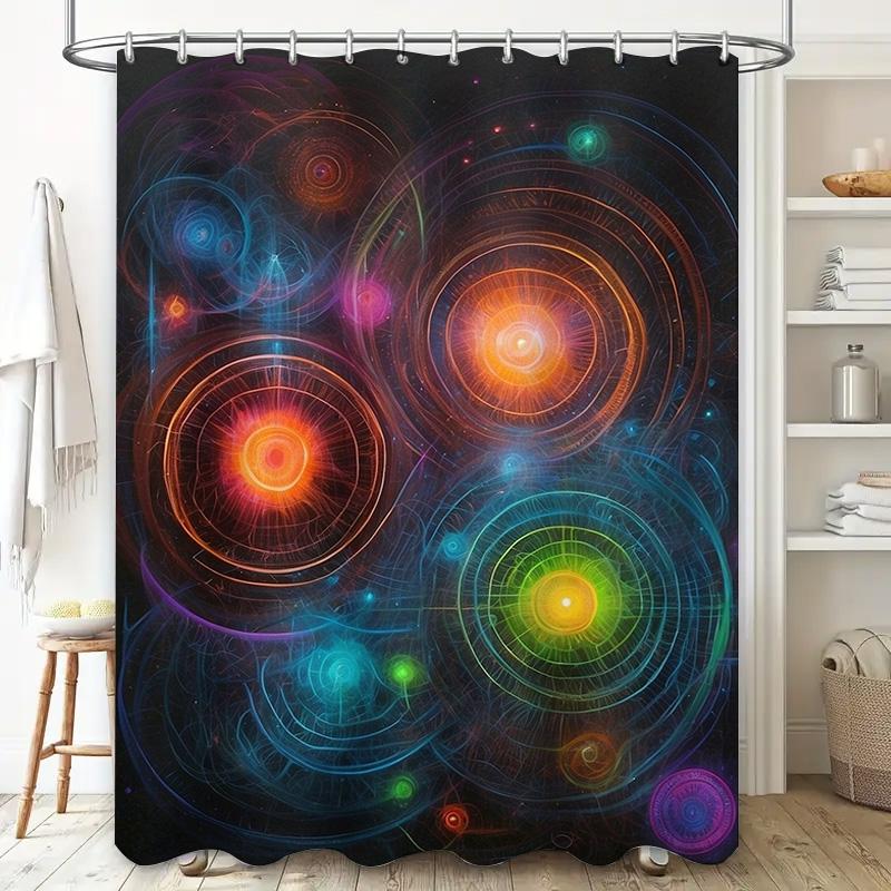 100% Cotton Bath Curtains Featuring a Vivid Abstract Spiral Design In Blue, Yellow, Red, Orange, Pink, Purple, Green Colors Perf