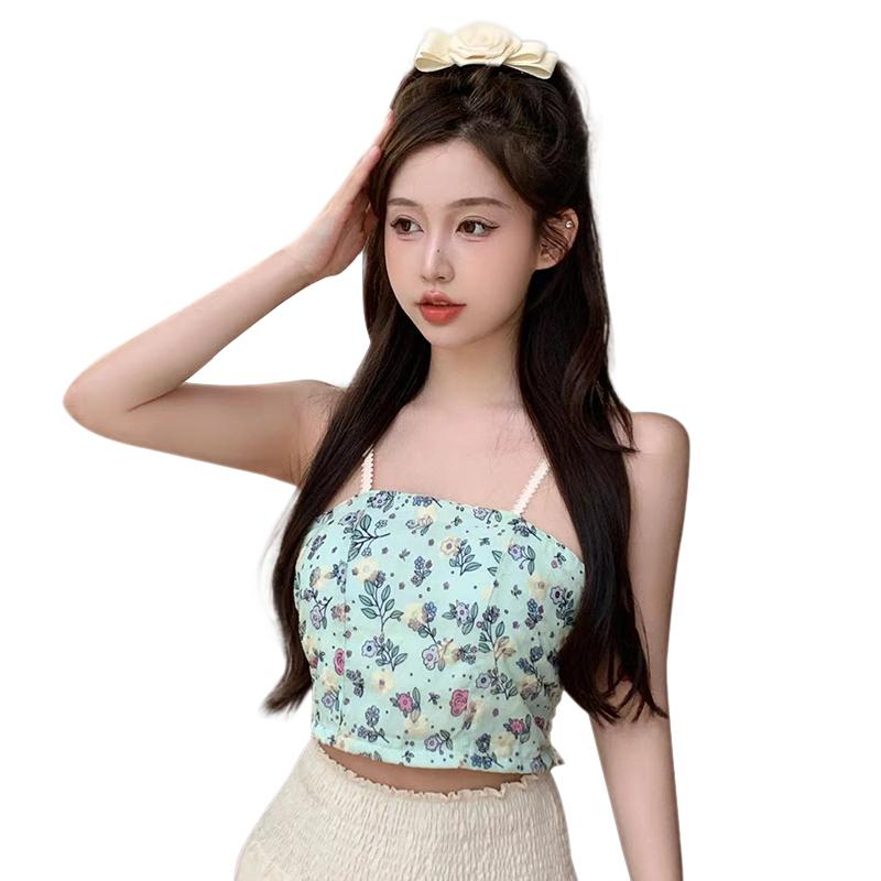 Camisola dulce para mujer versión coreana Top corto con estampado de flores acolchado