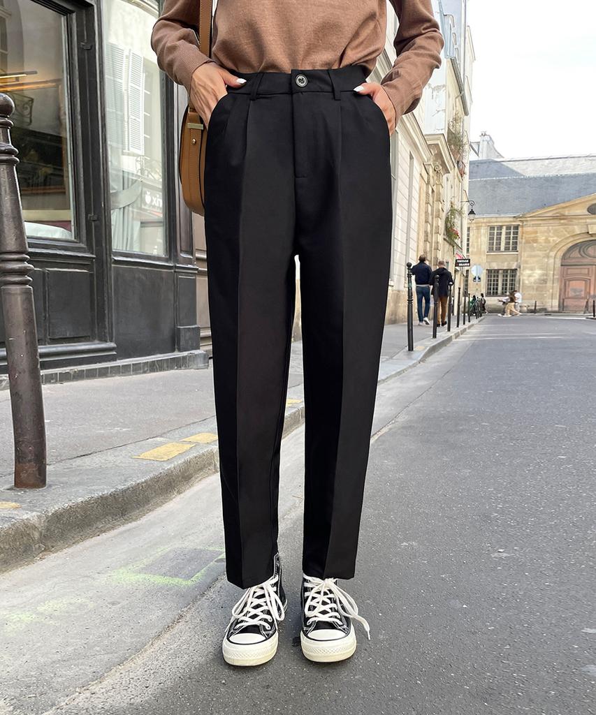 Ppaeppae High-Waisted Two-Pintuck Semi-Wide Slacks