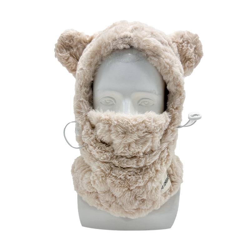 

Autumn and winter new bear hat scarf integrated women s winter warm pullover hat versatile plush cycling cold-proof hood M（56-58cm）