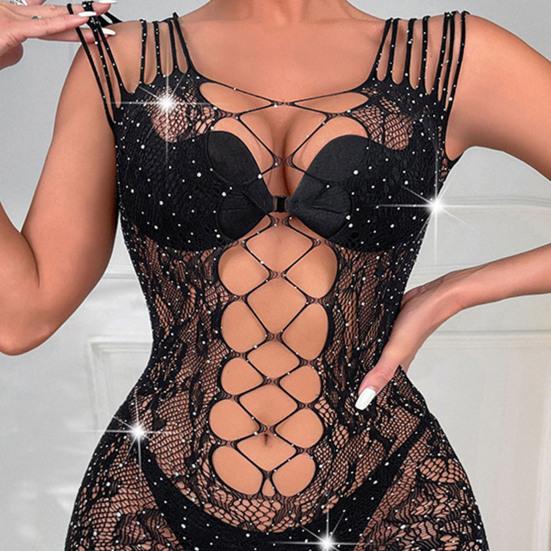 Women's Mesh Chemise Babydoll Mini Dress Sexy Sheer Lace Bodycon Dress Cutout Sparkly Rhinestone Fishnet Nightwear