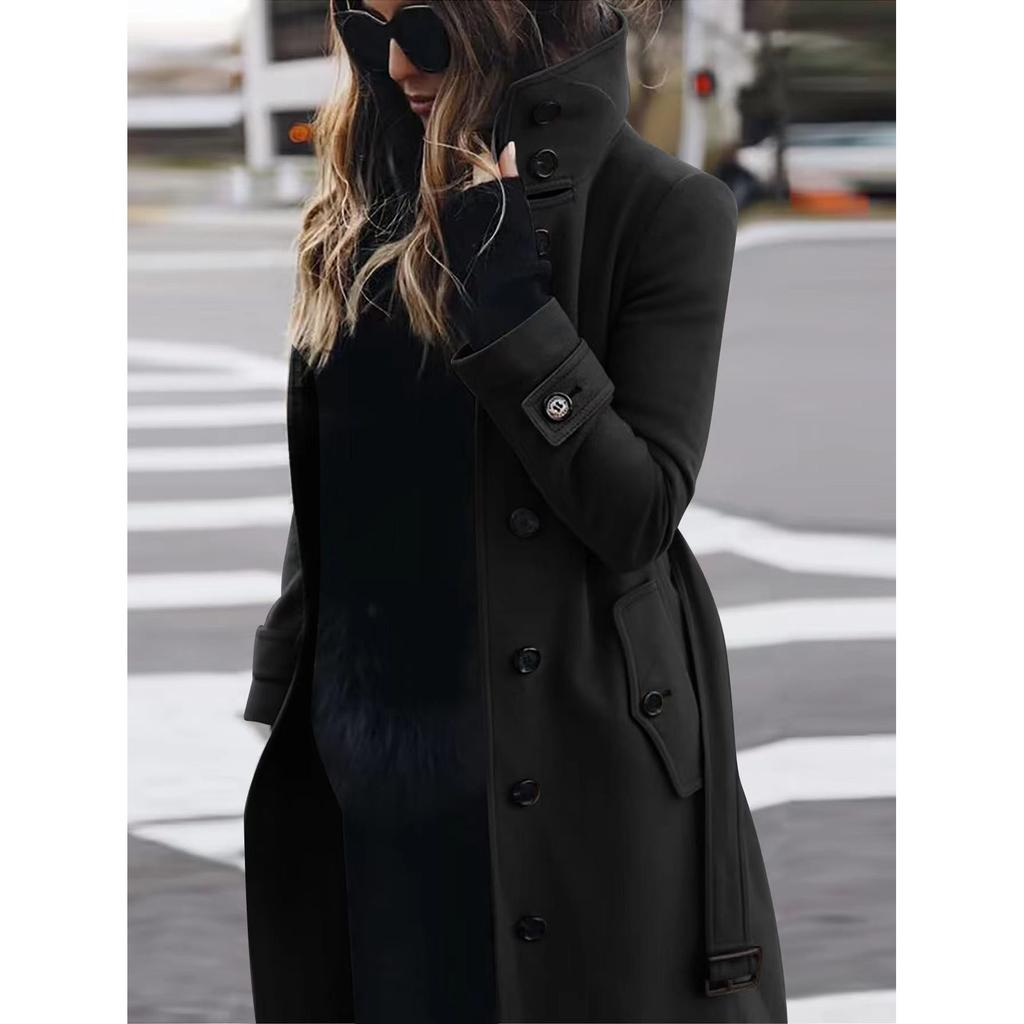 Autumn Winter Slim Fit Cardigan Women's Single Breasted Stand Collar Woolen  Long Sleeve Coat Plus Size