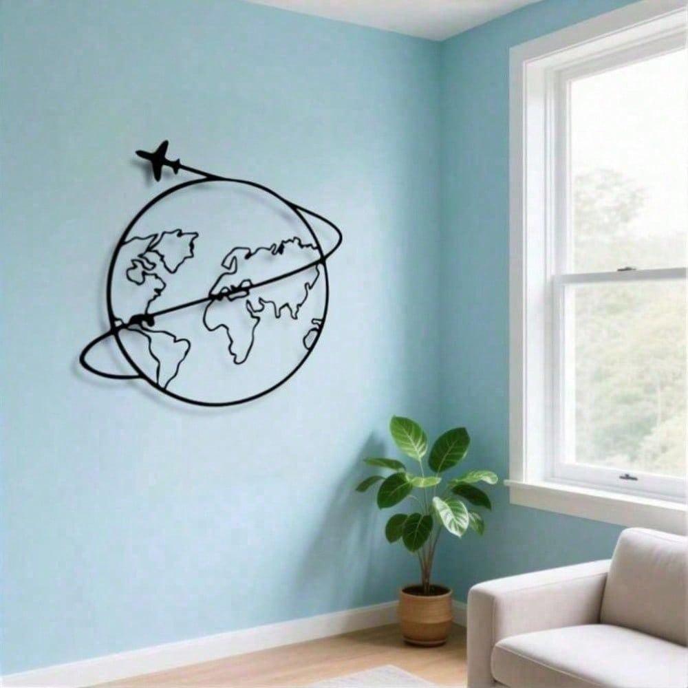 Metal World Map Wall Art Airplane Trajectory Minimalist Iron Craft Travel Theme Living Room Office Gift Travel Lovers