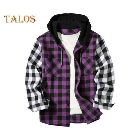 

Осень-зима Мужская рубашка Пальто Клетчатый принт Длинные рукава Нагрудный карман Регулируемый шнурок Капюшон Однобортный пэчворк Свободный контрастный цвет куртка XXL фиолетовый