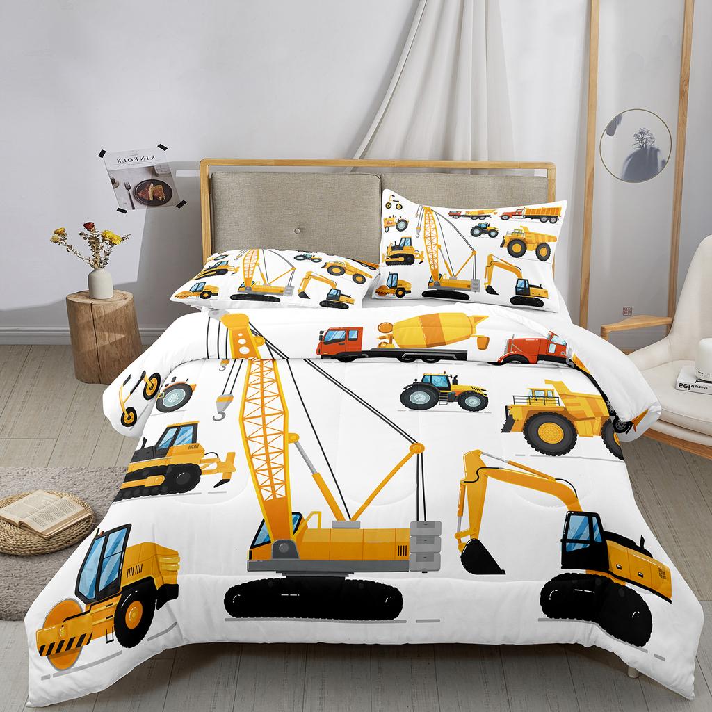 Excavator King Queen Duvet Cover Cartoon Construction Truck Bedding Set for Kids Boys Adults Tractor Polyester Quilt Cover