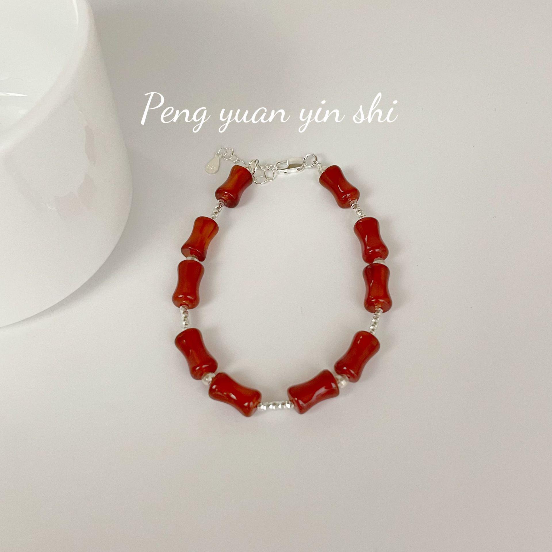 Su Chuang S925 Sterling Silver Red Agate Bamboo Bracelet for Women - High-End Korean Style 925 Silver