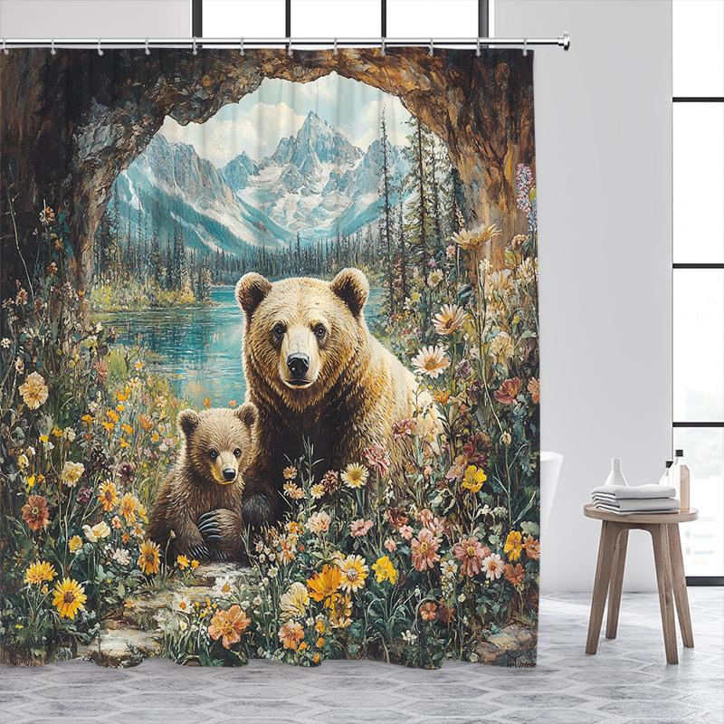 Wild Brown Bear Shower Curtains Nature Cave Animals Mountain Lakes Plants Flowers Bath Curtain Home Bathroom Decor with Hooks