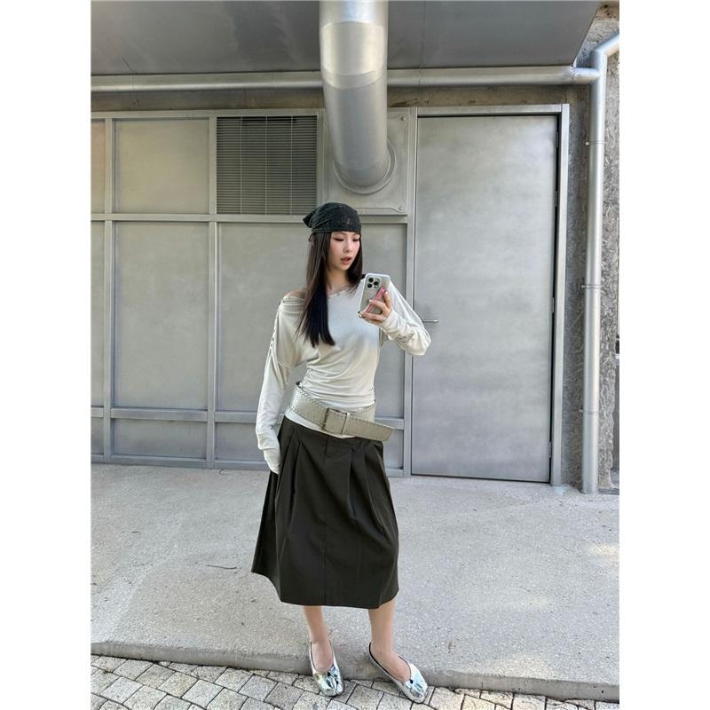 Fashionable Street Casual Shell Button Off-shoulder Long-sleeve High-stretch T-shirt