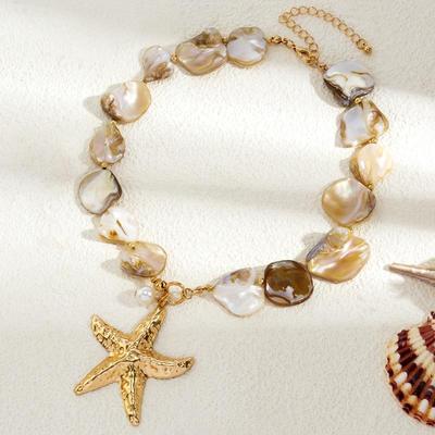 Retro Starfish White Shell Conch Pendant Necklace Women Simple Creative Colorful Stones Hand Woven Beach Jewelry Girls