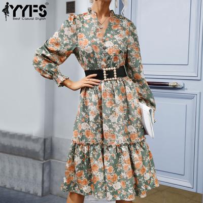 Abiti casual a vita alta con scollo a V a maniche lunghe con stampa floreale primavera estate moda donna