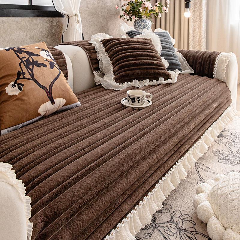 Cream Style Sofa Cover Cloth Thickened New Straight Row Anti Slip Sofa Cushion Cover Soft One-piece Autumn and Winter Season