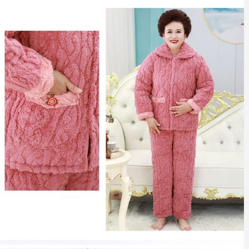 Mother Quilted Pajamas Three-layer Thick Coral Fleece Home Service Women's Plus Size Pajamas Set