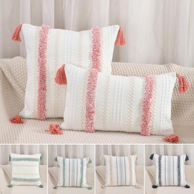Tufted Throw Pillow Case with Tassels Boho Farmhouse Decor Zipper Cotton Linen Sofa Bedroom