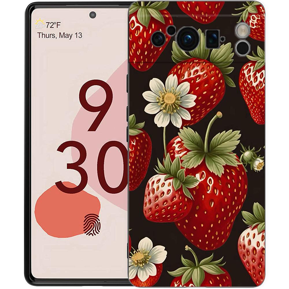 Luxury Phone Case For Google Pixel 10 9 8 9A 8A 7 7A 6 Pro XL 6A 5G Black Soft Back TPU Cover Summer Strawberry Flowers Print