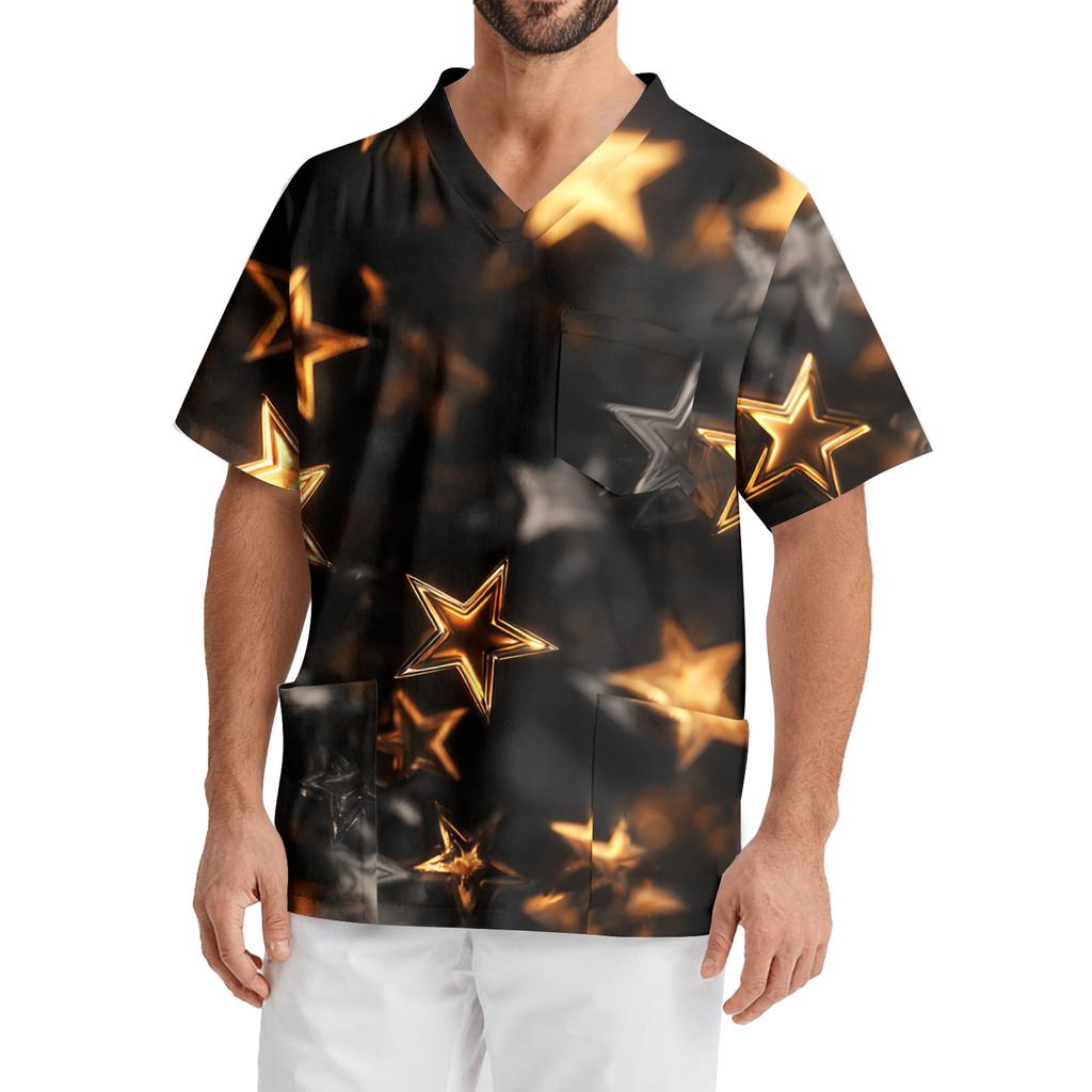 Men's Printing Short Sleeve V-neck Working Blouse Chest Pocket Carer Top