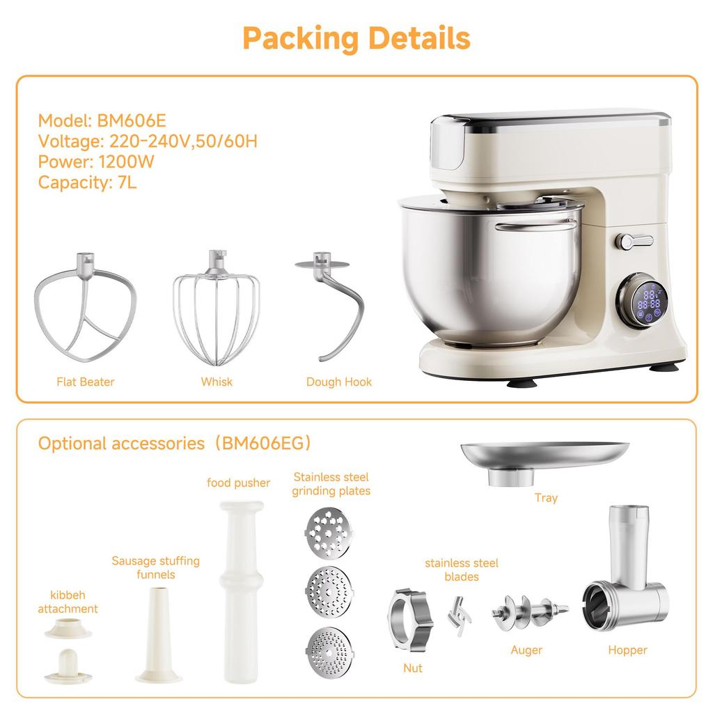 Biolomix BM606E Stand Mixer,1200W 7L Large Bowl OLED Touch Display Electric Kitchen Mixer