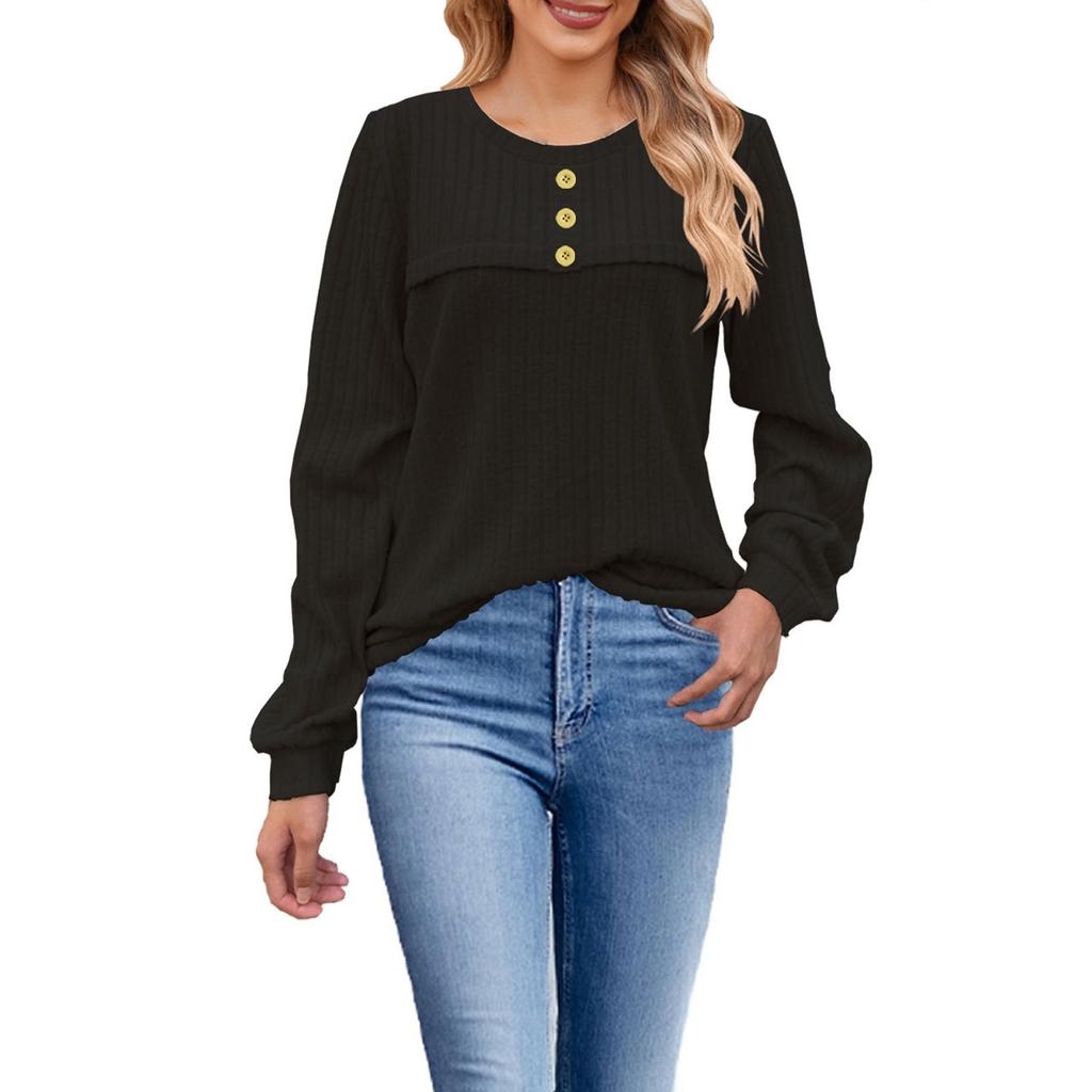 Damenmode Locker Rundhals Knopf Langarm T-Shirt Lässiges Strickoberteil