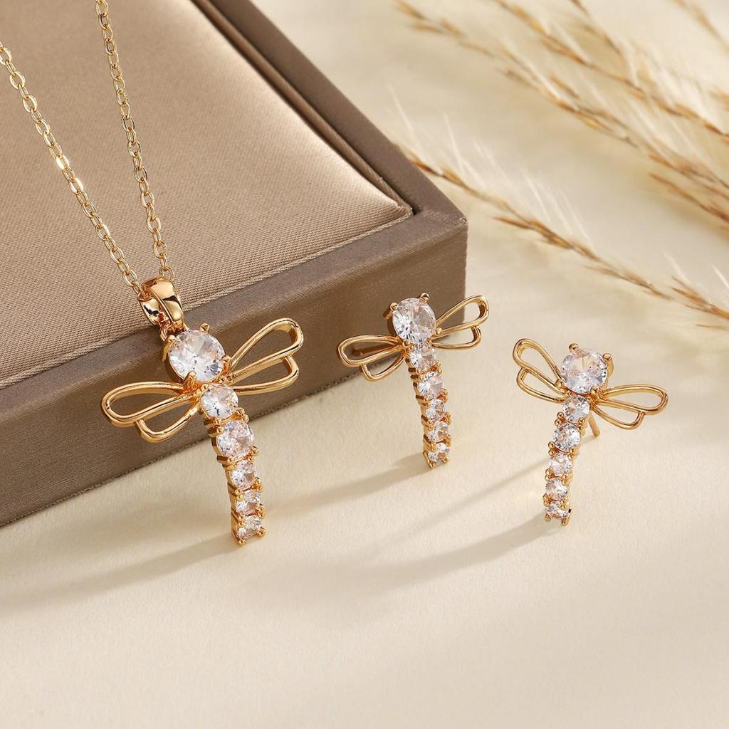 Elegantes Libellen Zirkonia Halsketten- & Ohrring-Set - Nischen-Design, Leichter Luxus Zweiteilig