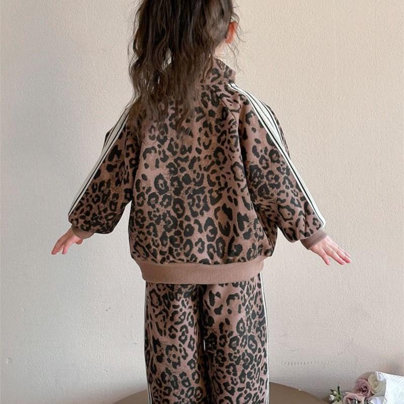Spring Autumn Girls'  Kids Leopard Pattern Suit Coat+trousers Pants Sets Comfortable Cute Baby Clothes Children Clothing Sportswear Two-piece Set