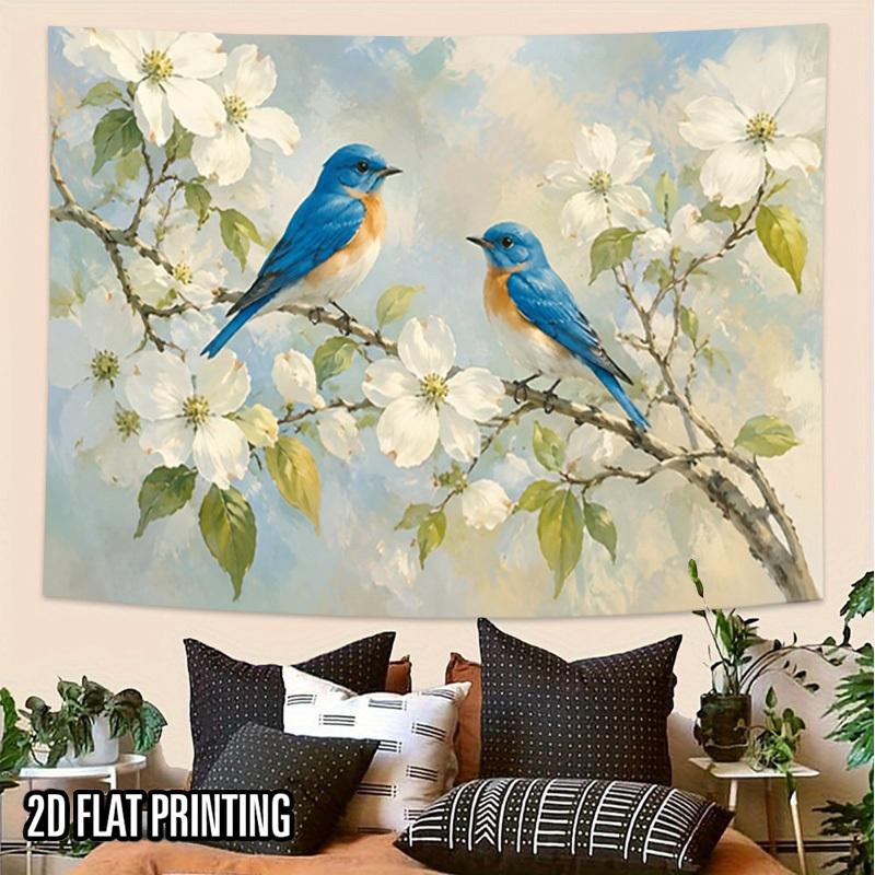 2D Flat, 2D Flat Print 1pc Tapestry Bluebirds on Blossom Branch Wall Hanging Photo Booth Backdrop Suitable for Parties, Decor, Themed Events, Photogra
