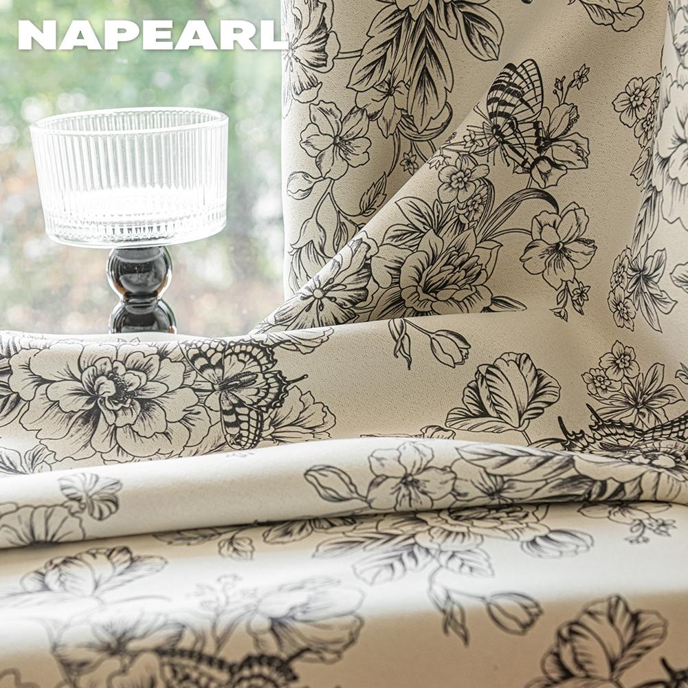 1PC NAPEARL French Retro Sketch Flower Curtain with  Aesthetic Blackout Window Treatments for Bedroom Living Room Home Decor