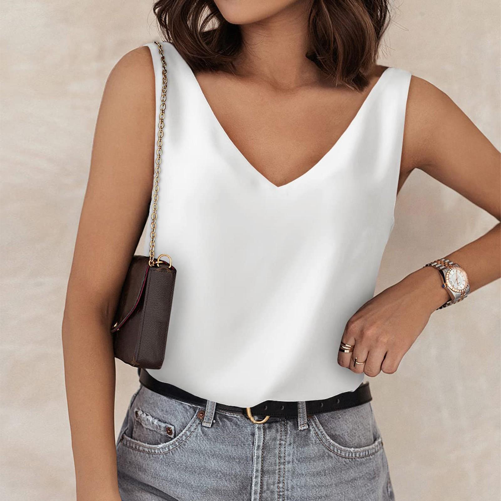 

Женская летняя повседневная однотонная шелковая свободная футболка с v-образным вырезом без рукавов, топы на бретелях XXL белый