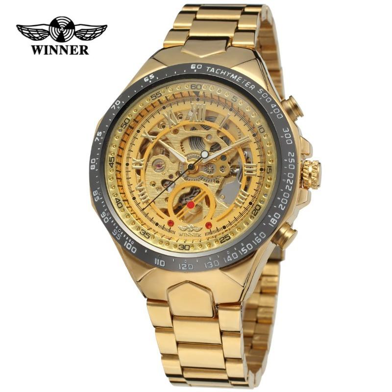 WINNER WINNER Men's Personality Fashion Gold Half Steel Hollow Semi-Automatic Mechanical Watch