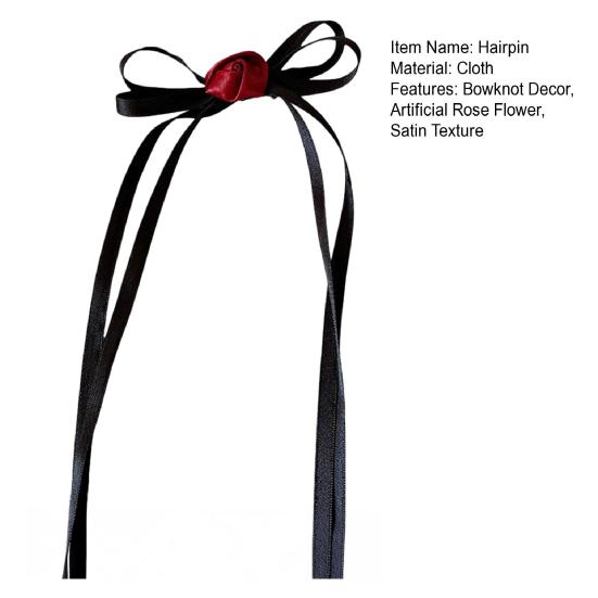 Girl Hairpin Smooth Edges Rounded Gripper Clip Satin Fabric Long Ribbon Bow Rose Flower Decor Buns Ponytails Clip Hair Accessory
