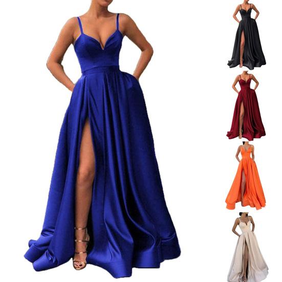 Lady Dress Side Slit A-Line Satin Sleeveless Spaghetti Straps Banquet Dress for Parties