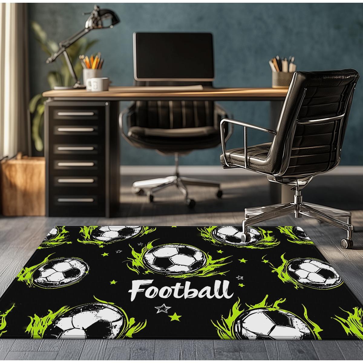 Football Soccer Ball Flame Pattern Rug Sports Themed Bedroom Carpet Kids Room Decor Athletic Lifestyle Floor Mat Anti Slip 50x 80cm