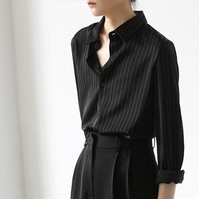 Unique Black Shirt for Women's Early Autumn Top with A Niche Design and A French Vertical Stripe Shirt with A Hanging Feel