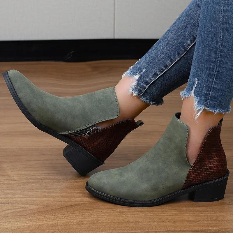 Fashion Women's Shoes 2024 Hot Sale Zipper Women's Boots Autumn Round Toe Mixed Colors Flock Short Barrel Mid Heel Large Size Boots