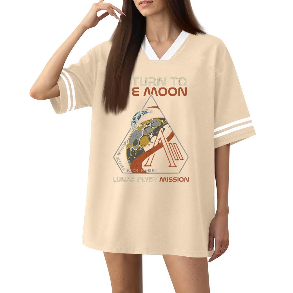 Women Fashion Short Sleeve V Neck Printed Sports Jersey T Shirt Top Casual Loose Fit Lightweight Breathable Fabric