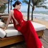 Sexy Side Waist Hollow Kink Neck Skirt Slack Red Birthday Dress Vacation Dress