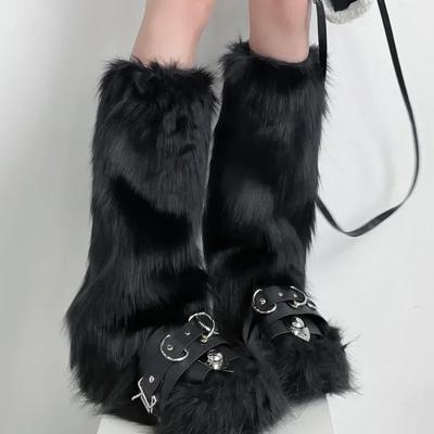 Punk Japonais Jk Longueur Genou Hiphop Mode Hotgirl Chaussette Chaude Guêtres en Fausse Fourrure Noire Couvre-Bottes Y2K Gothique Chaussettes Unies pour les Jambes