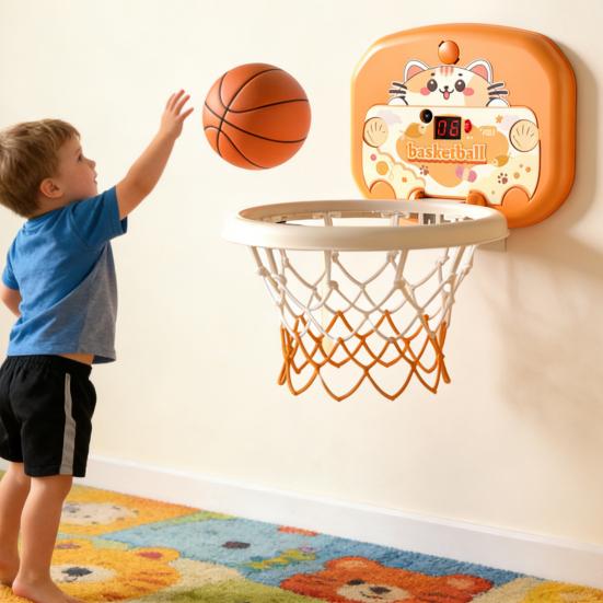 Indoor Mini Basketball Hoop Toy with LED Scoreboard Adjustable Height Wall Mount Basketball Shoot Game Toddlers Boys Cartoon Animal Basketball Hoop