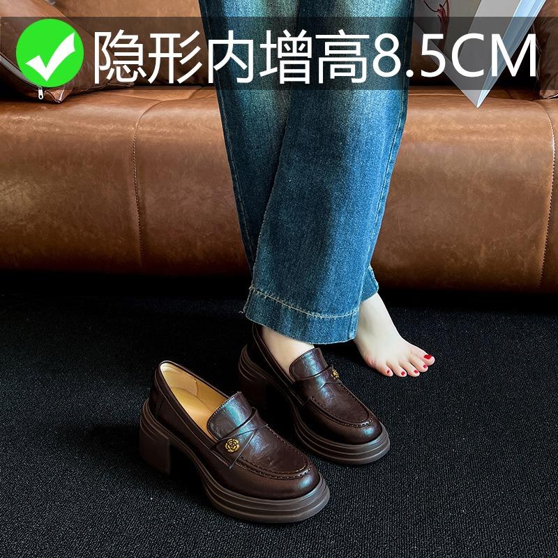 Women's spring new versatile one-pedal thick heel inner height increase small leather shoes buckle camellia single shoes women