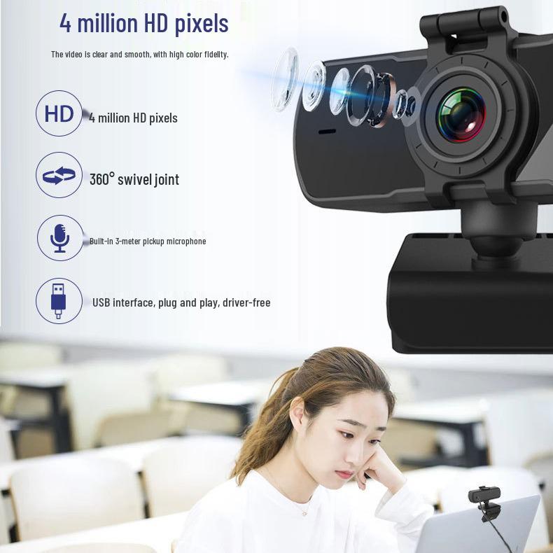 2K Ultra HD USB Webcam with Microphone for Online Classes & Live Streaming, Driver-Free, Noise Reduction, Rotating Autofocus
