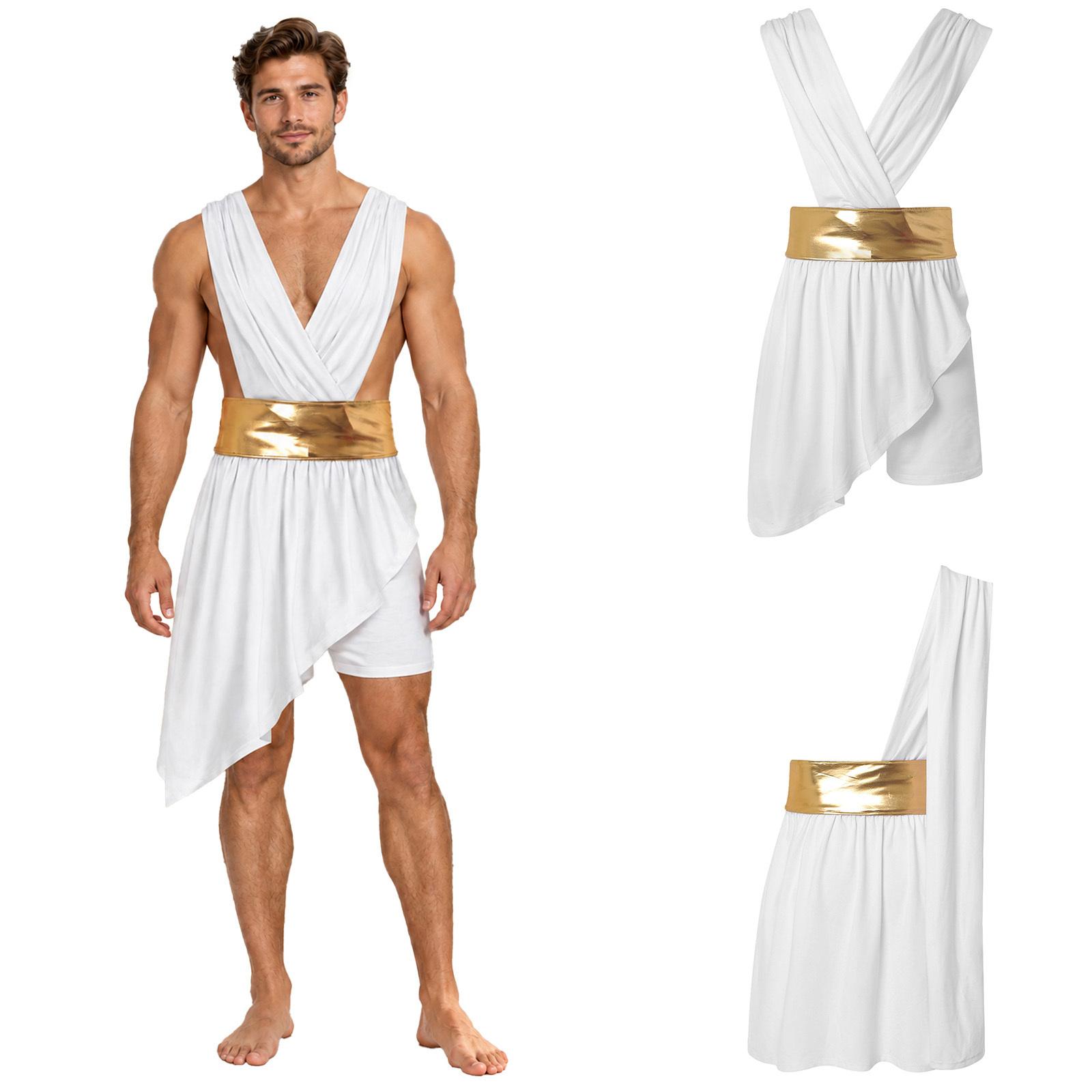 Herren antikes griechisches Cosplay-Outfit gerafftes wallendes Gewand mit integrierter Hose metallischer Gürtel für Halloween Maskenball S