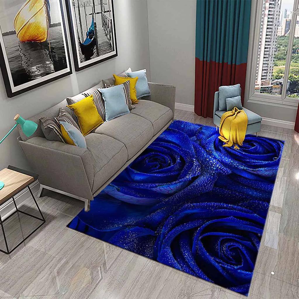 Blue Rose Rugs for Living Room Women Romantic Flower Carpet Soft Floor Mat Floral Rugs for Adults Bedroom Decorative Area Mats