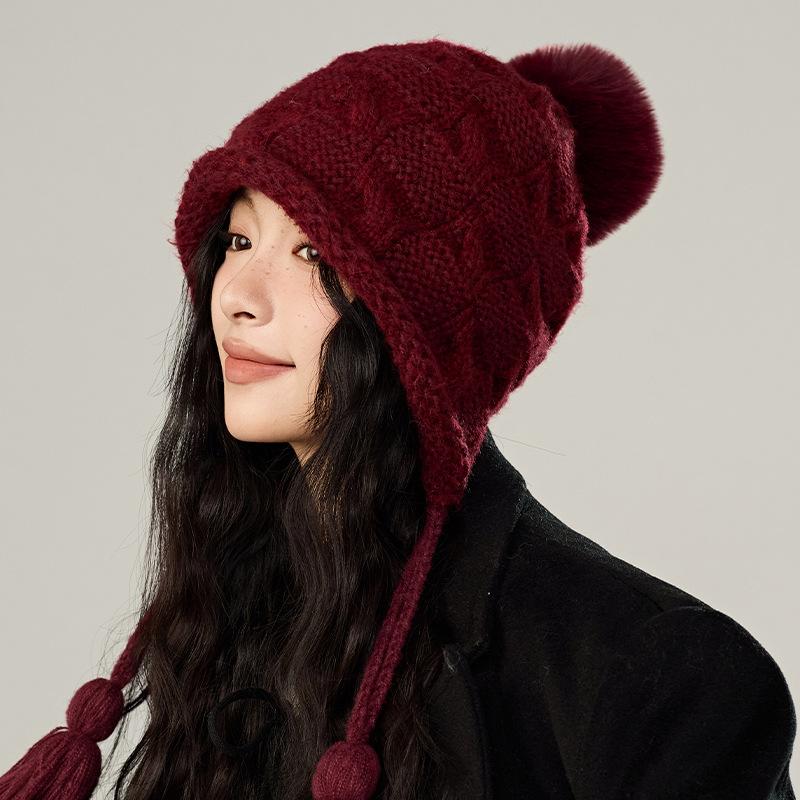 Winter Solid Color Fringed Hairball Knitted Hat Women's Wool Hat Fashion Ear Hat