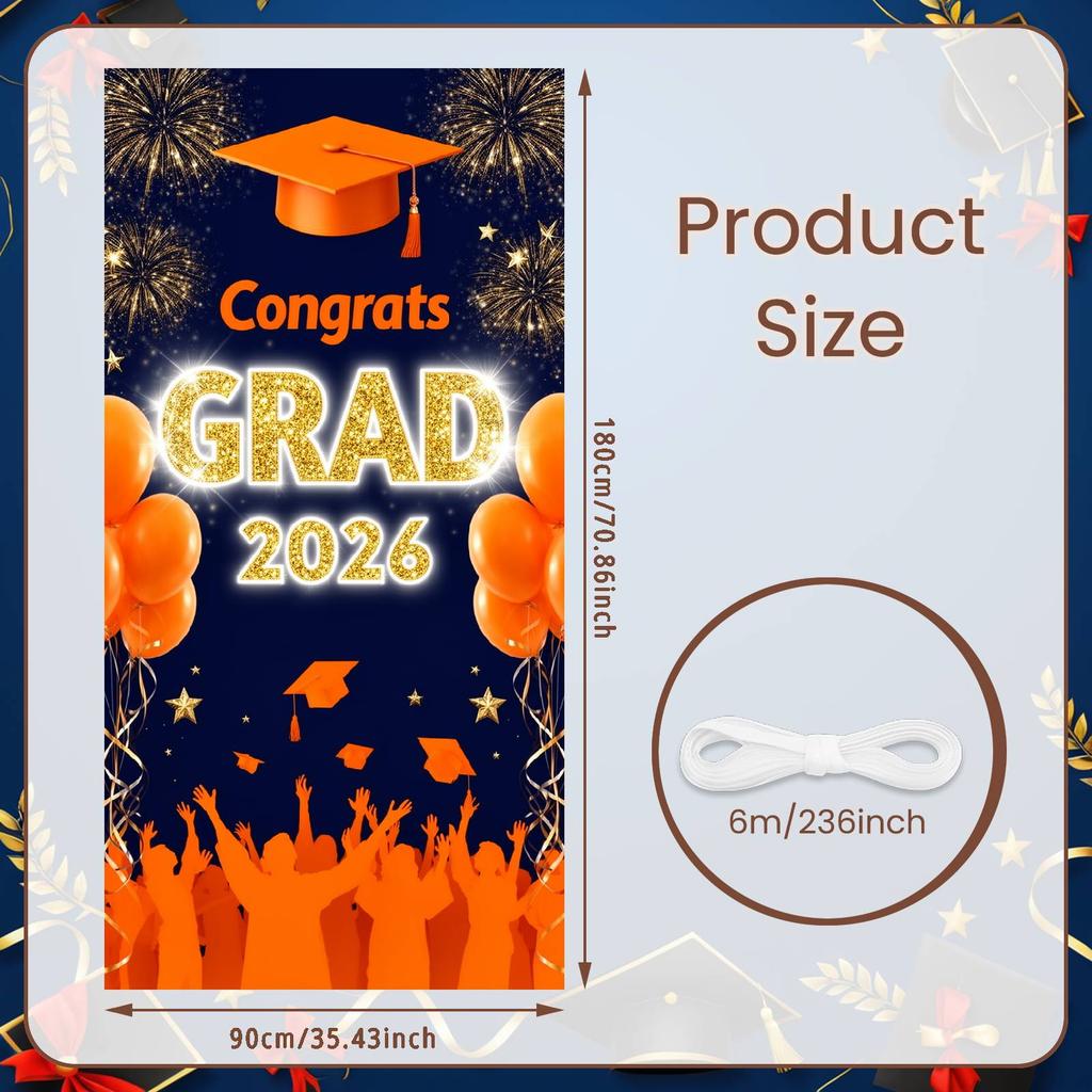 Grad Festive Display Orange Themed Senior Grad Banner 2026 Grad Banner Graduation Party Banner For Graduation Photo Shoot Indoor