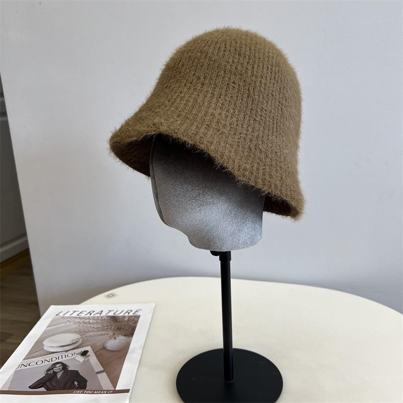 

Новая вязаная панама из искусственного меха норки в вертикальную полоску, женская простая однотонная теплая шляпа рыбака, трендовая M（56-58cm） темно-коричневого