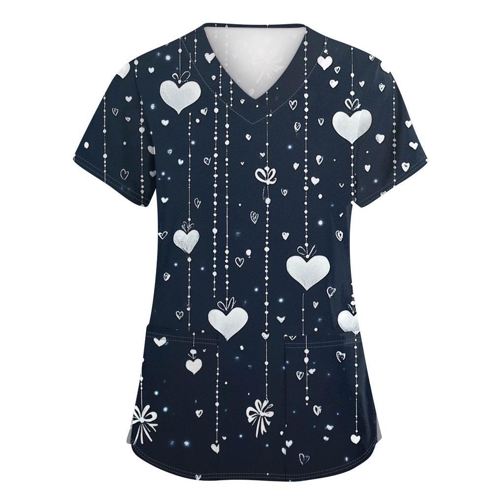 Damenmode V-Ausschnitt Kurzarm Arbeitskleidung mit Taschen Valentinstag Bedrucktes Oberteil Pflegeuniform