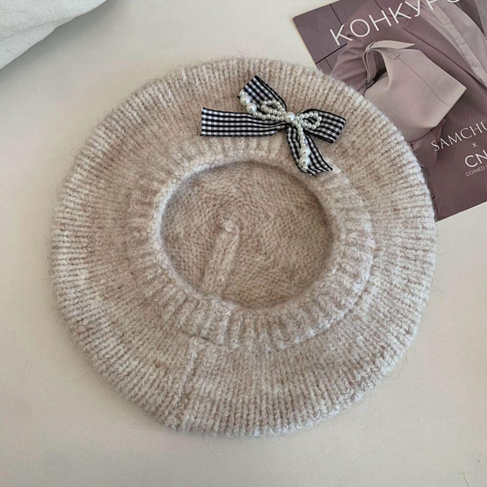 Solid Color Beanie Cap Pearl Plaid Artist Painter Cap Knitted Beret Hat  Autumn and Winter Warmth