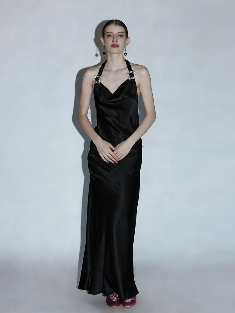 Elegant Acetate Halter Neck Dress with Crystal Buckle