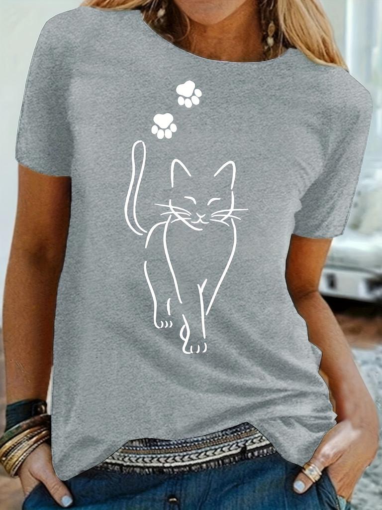 T-shirt Décontracté Grande Taille, T-shirt à Manches Courtes et Col Rond avec Imprimé Chat Mignon et Patte pour Femmes, T-shirt Unisexe à Extensibilité Moyenne