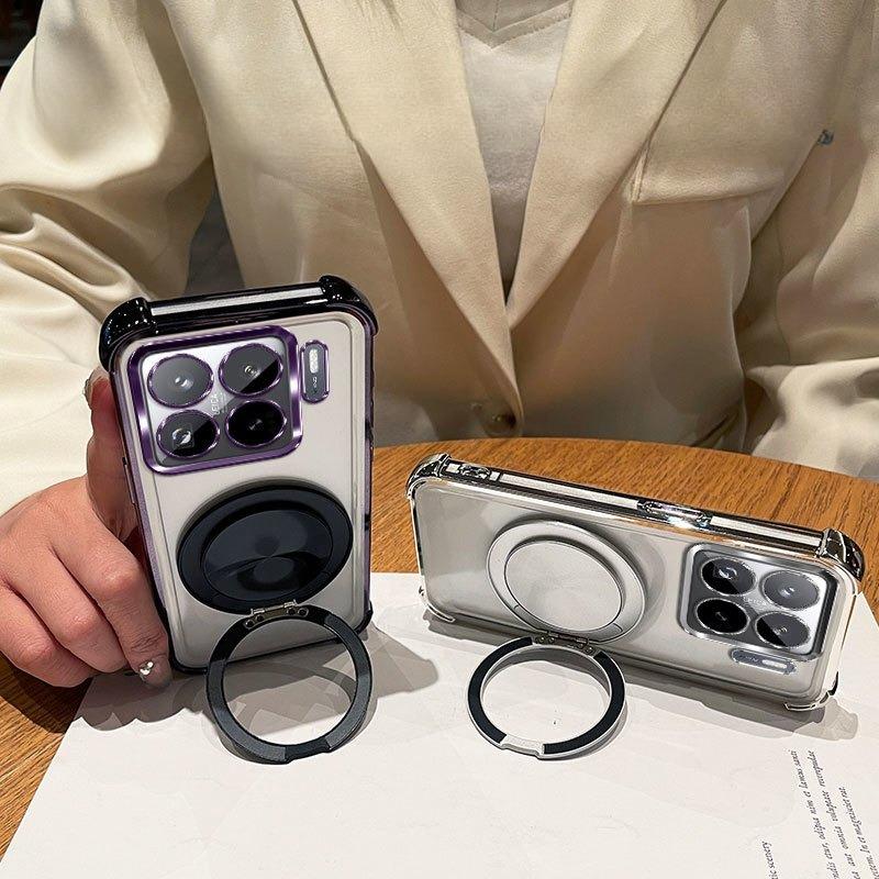 360 Degree Rotating Magnetic Bracket Phone Case For Xiaomi 15T 15S 15 14 14T Pro Clear Shockproof Plating Cover